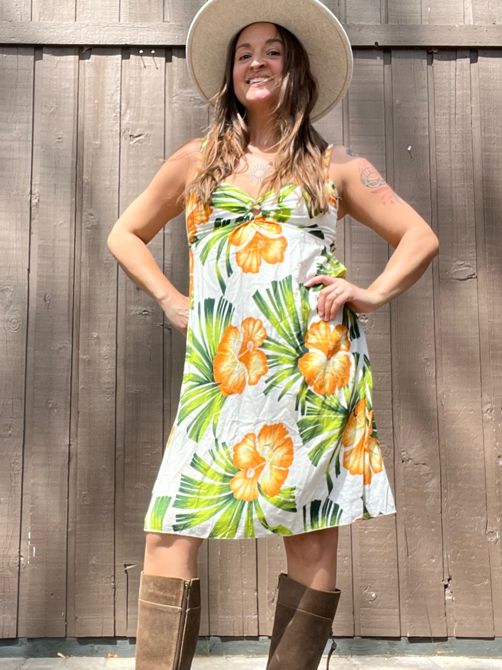 White Midi Dress with Orange Floral Print Medium